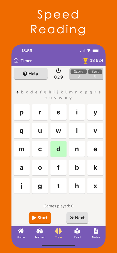 Speed reading letter grid game interface in the Readlax app