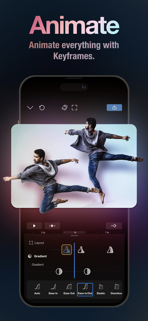 Interface do aplicativo Riveo mostrando animação profissional de keyframe e ferramentas de curva de suavização para edição de vídeo