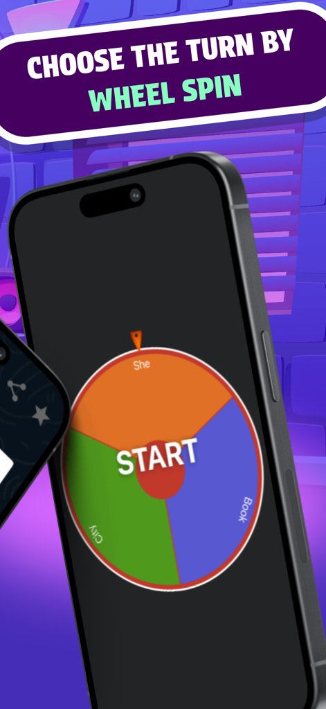 Never Ever:Offline Game - Un smartphone montrant une roue de sélection colorée utilisée pour choisir les joueurs ou les catégories dans l'application de jeu de société Never Ever