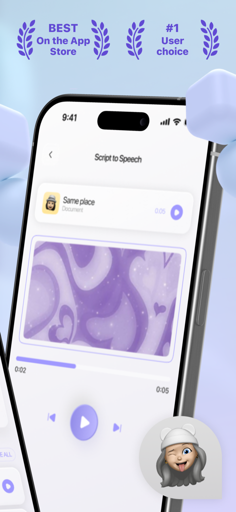 AI Text to Speech Reader app interface showing script to speech playback and audio controls