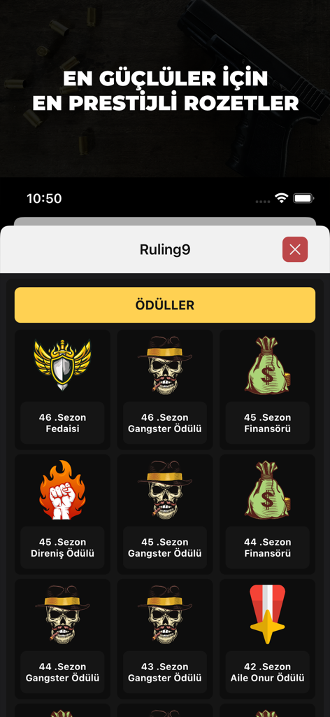 MAFYA - Günahkarlar! - Uma tela de jogo mobile mostrando várias recompensas sazonais e emblemas de conquista, incluindo prêmios de gangster, finanças e honra familiar.