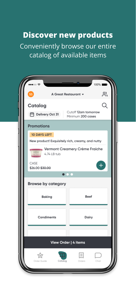 Superstock Food Services - Product catalog interface of the Superstock Food Services app with food categories and promotions.