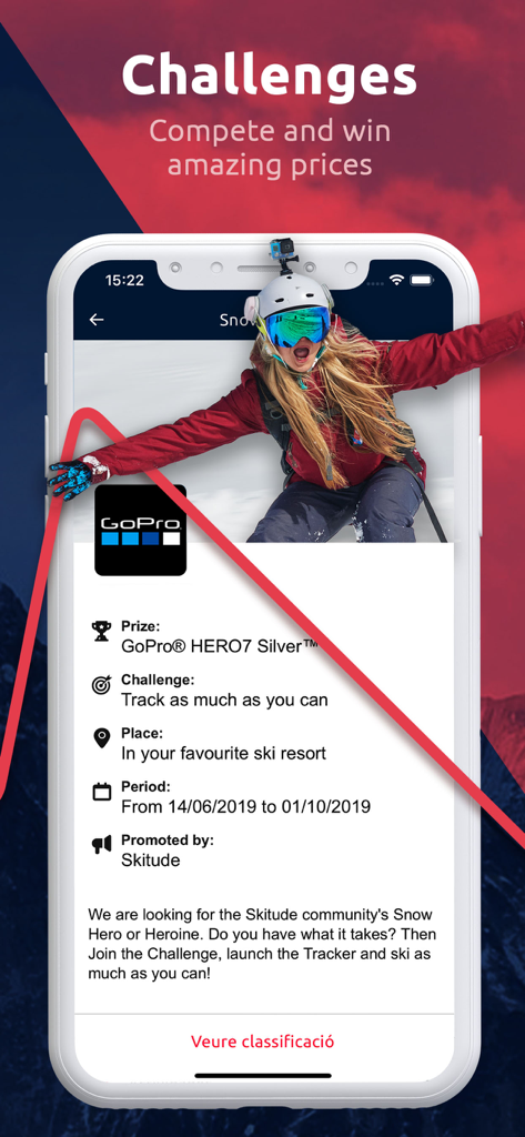 Mobilbildschirm, der eine Ski-Herausforderung mit einem GoPro-Preis zeigt