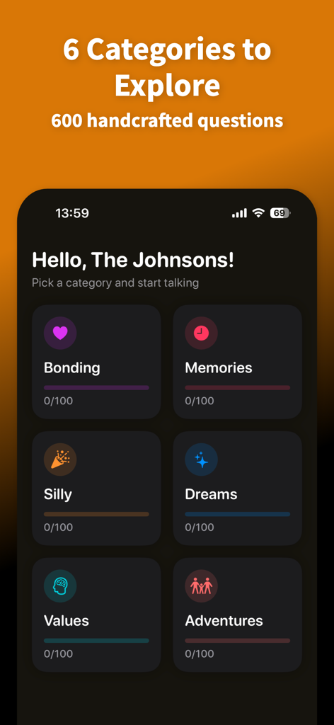 Amber - Cards for Families - The Amber app interface showing family conversation categories like Bonding, Memories, and Silly.