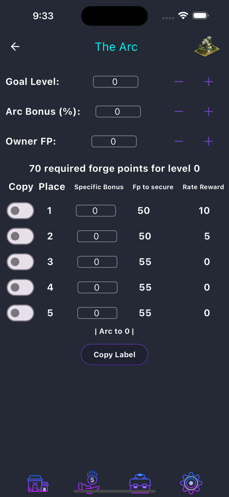 FoE Companion Great Building calculator interface for The Arc