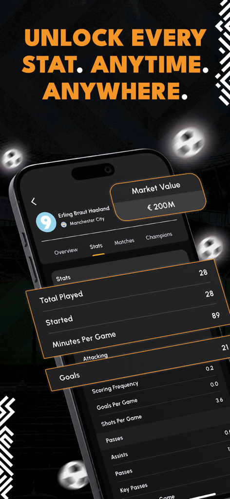 IGScore - Live Sports Score - Mobile app interface showing detailed soccer player statistics and market value for Erling Haaland.
