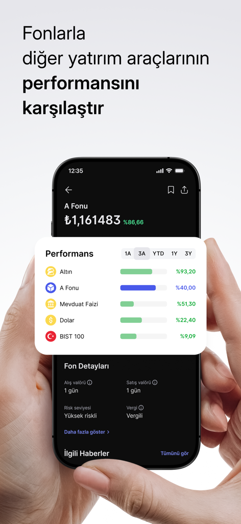 Midas: Borsa Hisse Alım Satım - Midas app interface showing a performance comparison between funds gold and market indices