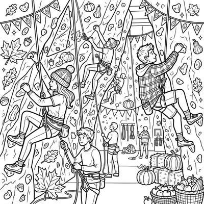 Embrace the thrill of indoor climbing fused with the cozy charm of autumn in this unique coloring page. Featuring climbers scaling walls adorned with pumpkins, leaves, and harvest delights, it's a perfect blend of sport and seasonal fun.