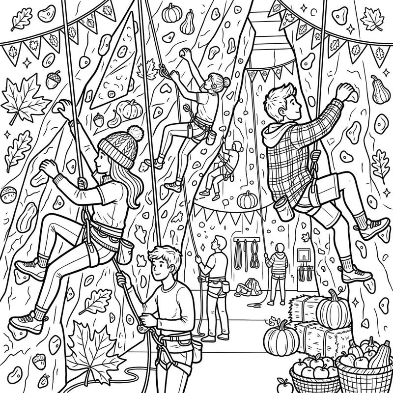 Embrace the thrill of indoor climbing fused with the cozy charm of autumn in this unique coloring page. Featuring climbers scaling walls adorned with pumpkins, leaves, and harvest delights, it's a perfect blend of sport and seasonal fun.