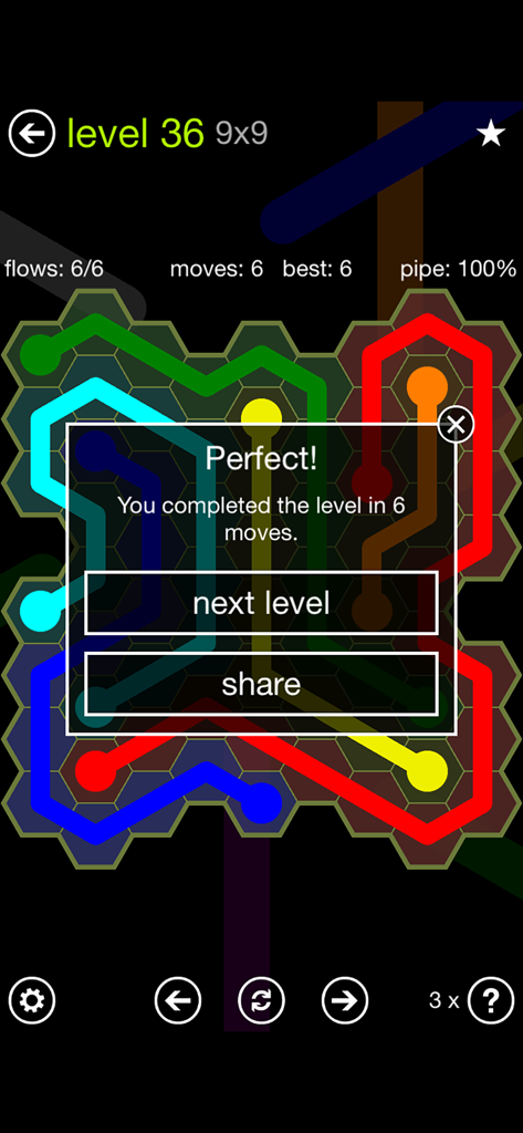 Flow Free: Hexes - A completed 9x9 hexagonal grid puzzle in Flow Free Hexes with a level success message.