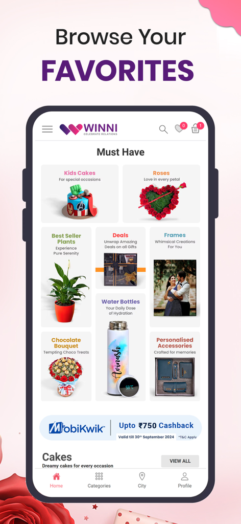 Winni - Cake, Flowers & Gifts - Winni mobile app interface showing gift categories like kids cakes, roses, plants, and personalized accessories.