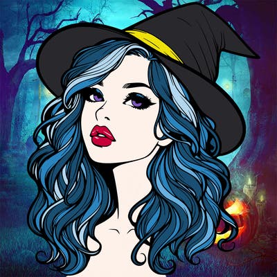realistic witch girl with wavy hair and lips