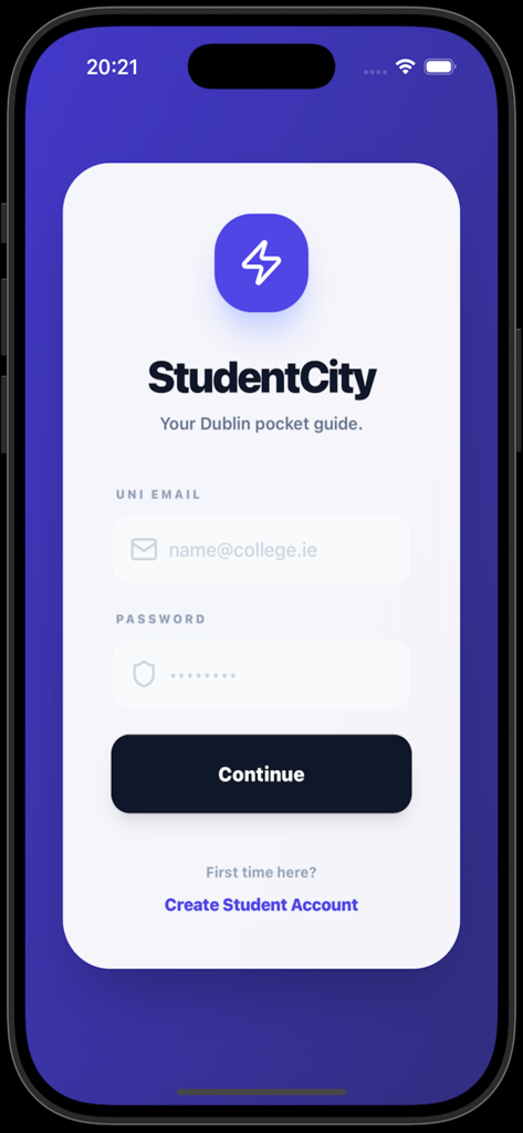 Student City - Écran de connexion de l'application mobile Student City avec des champs de saisie pour l'e-mail universitaire et le mot de passe des étudiants de Dublin.