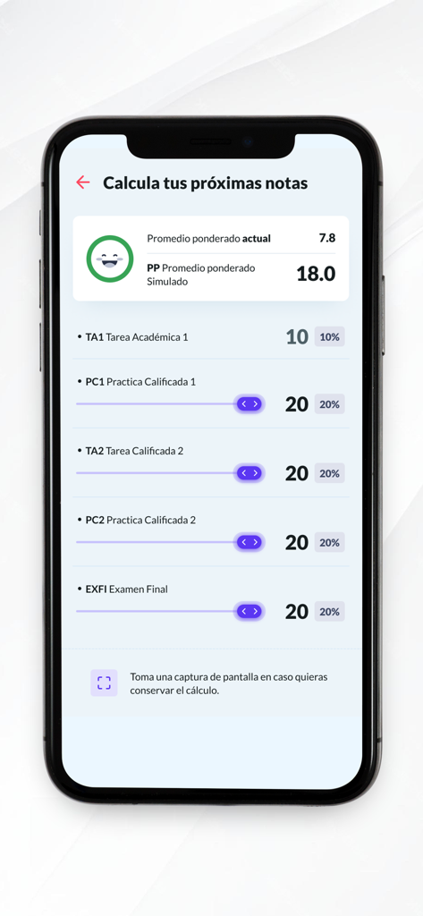 Mobile screen showing the UTP plus app grade simulation tool with sliders for academic tasks and weighted average calculations.