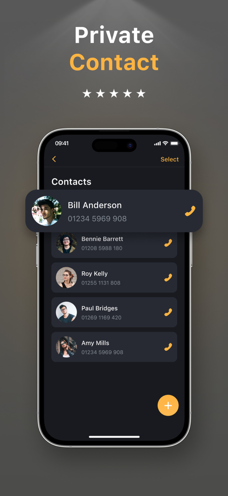 Photo Vault & App Lock - PicX - Una pantalla de smartphone que muestra la función de contactos privados de la app PicX con una lista de contactos ocultos y fotos de perfil