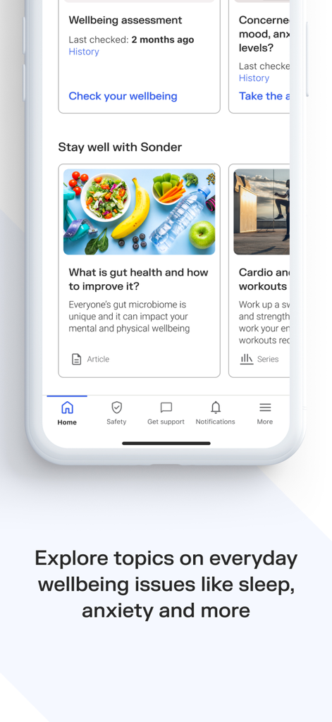 Sonder: Wellbeing & safety - Pantalla de inicio de la aplicación Sonder con evaluaciones de bienestar y artículos de salud para el cuidado personal y la seguridad.