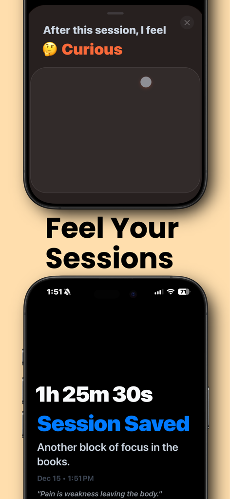 FocusDown: Flip & Focus Timer - FocusDown app screens showing post-session mood reflection and a focus time summary of over one hour.