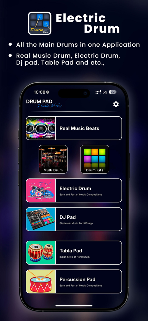 Drum Pads Electronic Drums - Interface of the Electric Drum app displaying various percussion options like DJ Pad and Tabla Pad