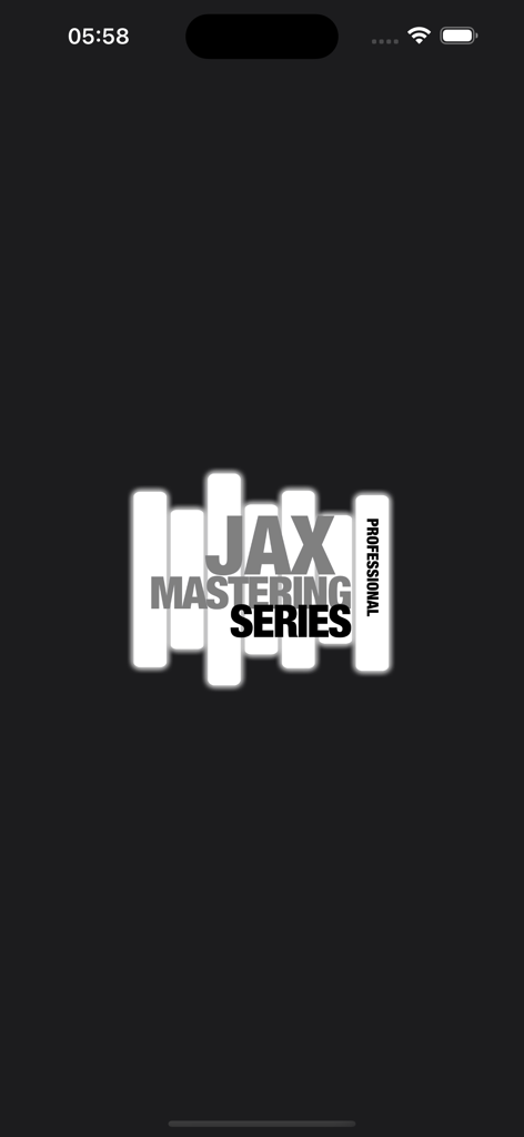 JAX MASTERING : MBC Pro - Splash screen for JAX MASTERING SERIES PROFESSIONAL app featuring the logo on a dark background