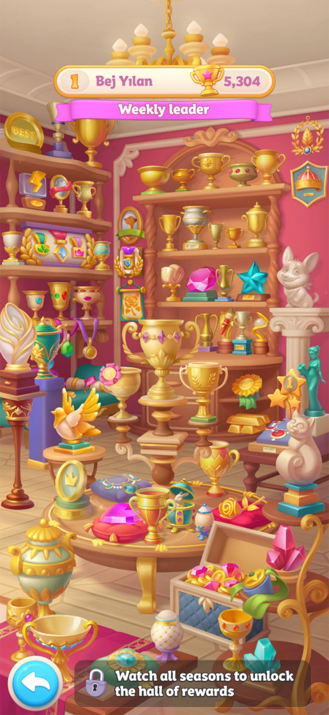 A hall filled with golden trophies and gems showcasing player achievements in Merge Drama Puzzle Story.