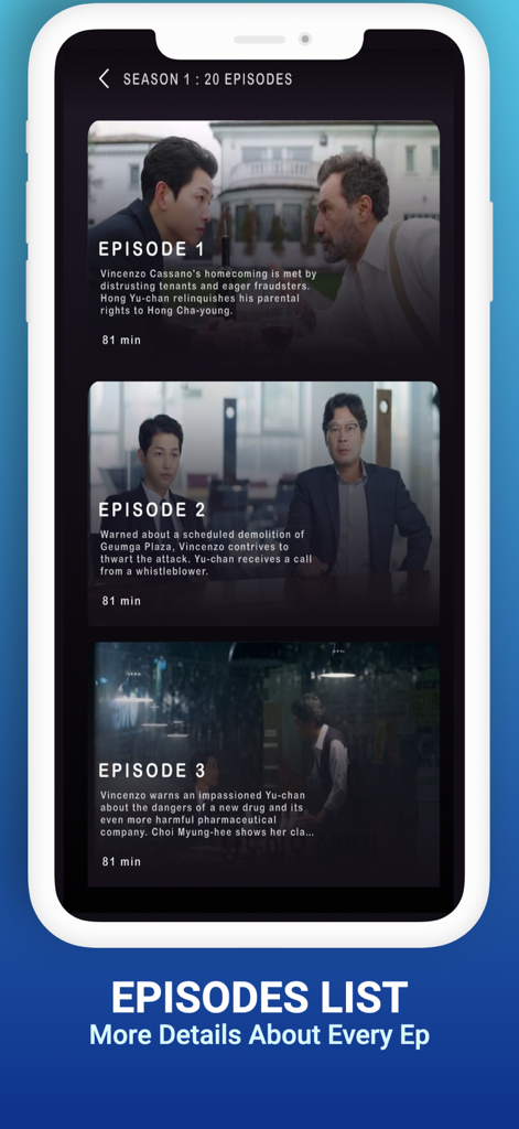 Screenshot of the Flixtor app showing a detailed list of TV show episodes with titles and synopses