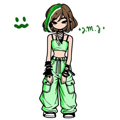 girl with baggy pants and and a crop top and a lot of bracelets with braces