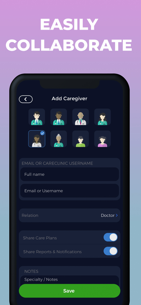 BPD Tracker - BPD Tracker app screen for adding a caregiver or doctor to collaborate on mental health care plans and reports.