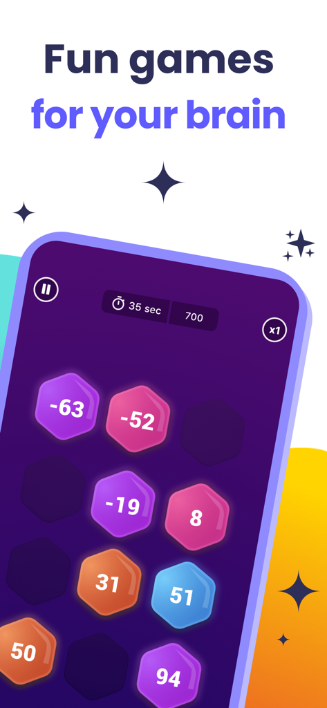 BrainFox - Brain Training - A colorful logic puzzle game interface from the BrainFox app featuring numbered hexagons