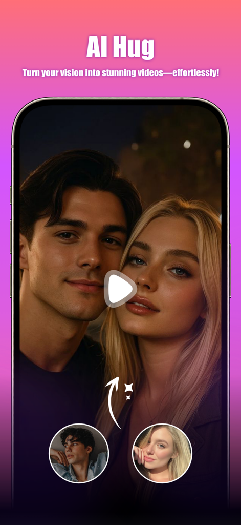 Savia AI: Style Swap&Fun Video - Savia AI app screenshot showing the AI Hug feature that generates realistic video interactions from photos.