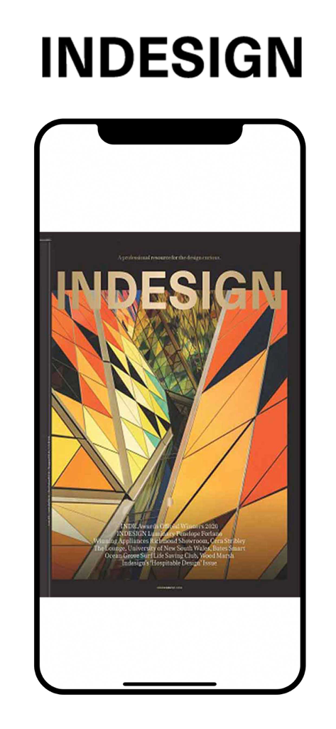 INDESIGN - Indesign mobile app displaying a magazine cover with colorful geometric architectural art