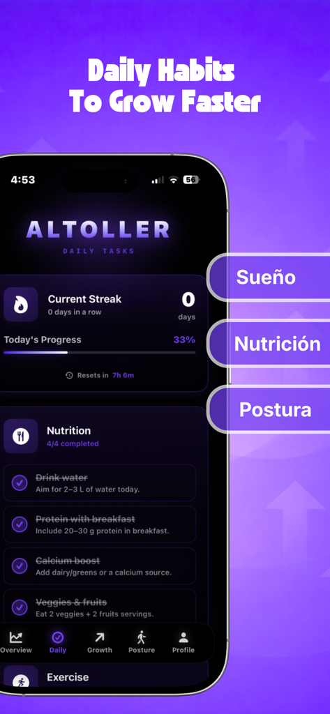 Altoller app dashboard showing daily nutrition and posture habits to maximize height.