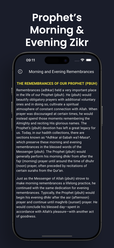 Educational screen showing the significance of Prophet's Morning and Evening Zikr within the Digital Tasbeeh Counter app.