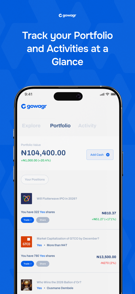 Gowagr - 투자 가치와 활성 예측 시장 포지션을 보여주는 Gowagr 앱 포트폴리오 페이지 스크린샷.