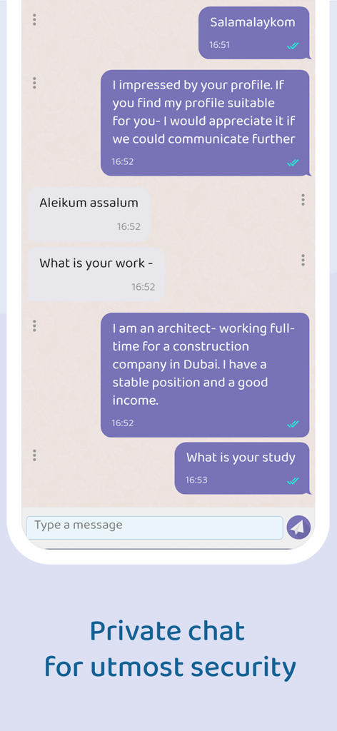 Uma interface de chat segura e privada no aplicativo de casamento muçulmano Mawada, mostrando uma conversa respeitosa entre parceiros em potencial.