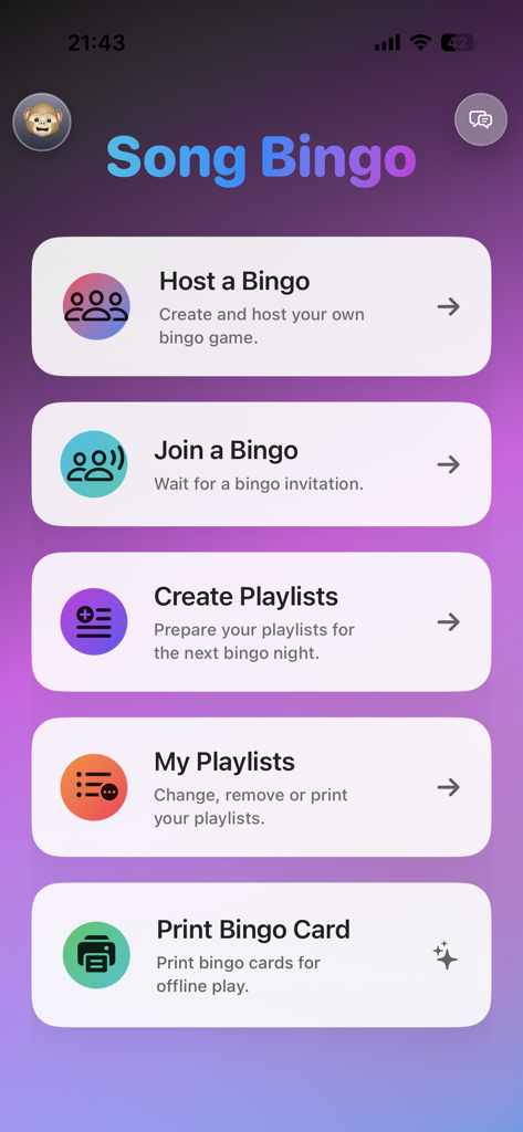 Menú principal de la aplicación Song Bingo con botones para organizar un bingo, unirse a un bingo, crear listas de reproducción e imprimir tarjetas.