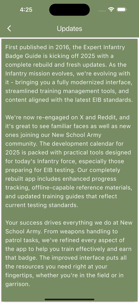 Updates screen of the Expert Infantry Badge app explaining the 2025 modernized interface and new training tools