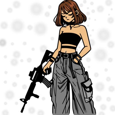 a dangerous girlcrop top and baggy jeans with a rifle in her hand