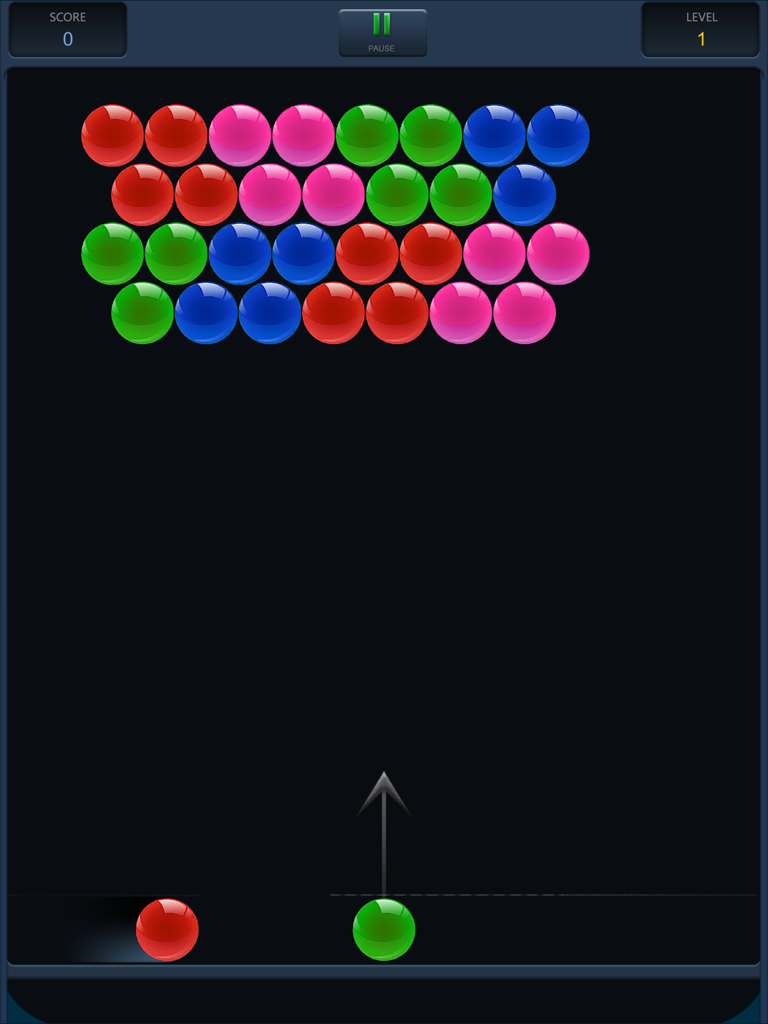 Bubble Shooter HD - Interface classique de jeu de tir à bulles avec des bulles colorées et une flèche de visée sur fond sombre