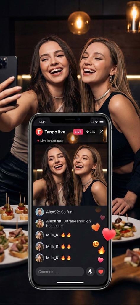 Tango Epicurean Alchemy - A smartphone displaying a live broadcast of two women in the Tango app interface with real-time comments and emoji reactions.