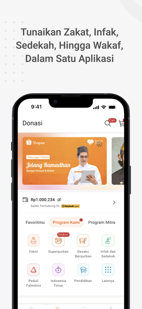 Rumah Zakat App - A mobile app dashboard for Rumah Zakat showing donation options for Zakat, Infak, and humanitarian programs