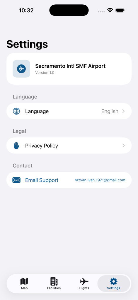 Sacramento Intl SMF Airport - Settings screen of the Sacramento International SMF Airport mobile application showing language and support options