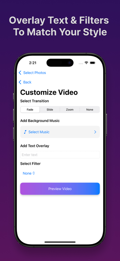 Interface do aplicativo AI Video Studio mostrando opções para adicionar transições, música, texto e filtros a um vídeo.