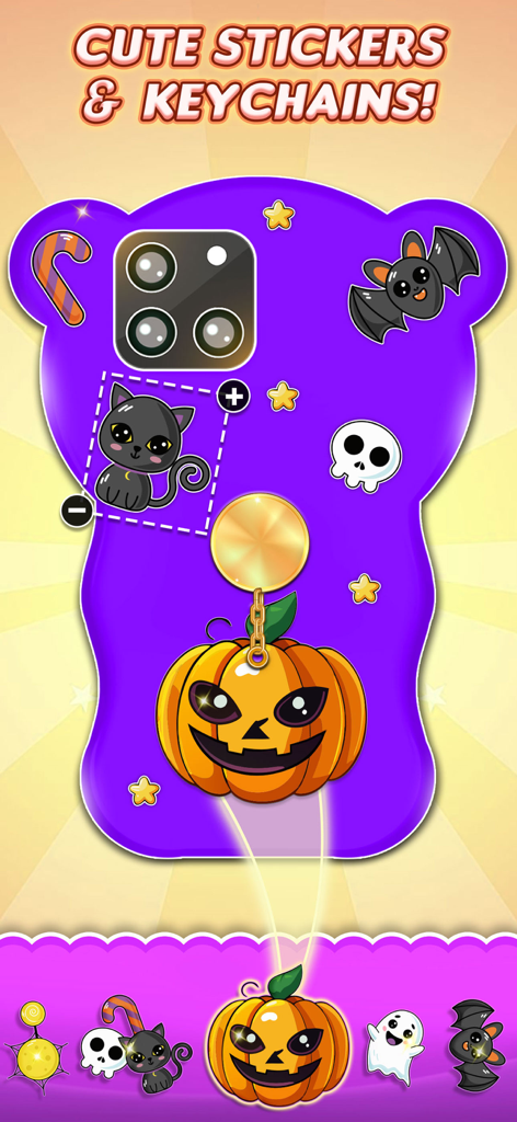 Uma capa de celular roxa sendo decorada com adesivos de Halloween e um chaveiro de abóbora.