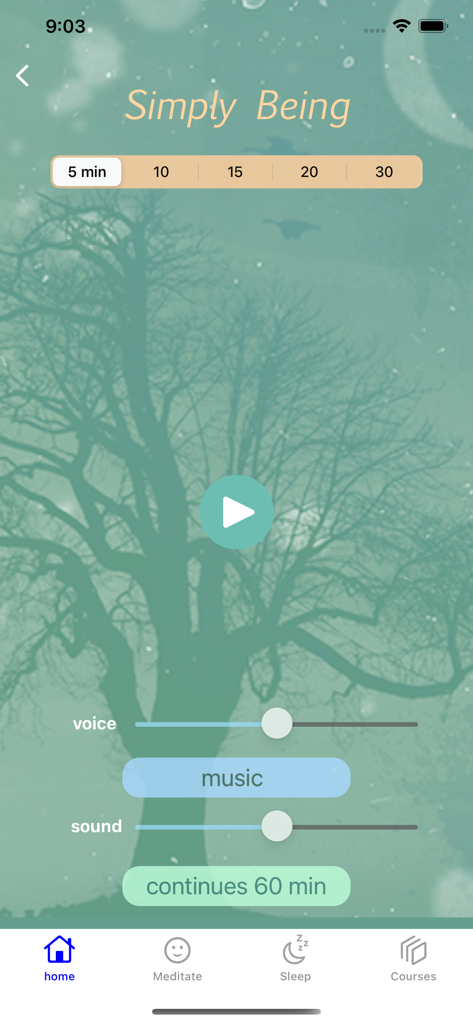 Meditation Oasis: Simply Being - The home screen of the Simply Being meditation app showing session duration options and volume sliders for voice and nature sounds over a serene tree background.