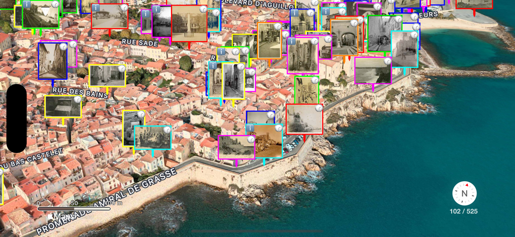 Antibes back in time - Mappa 3D interattiva di Antibes con cartoline e fotografie storiche affisse nelle loro posizioni originali