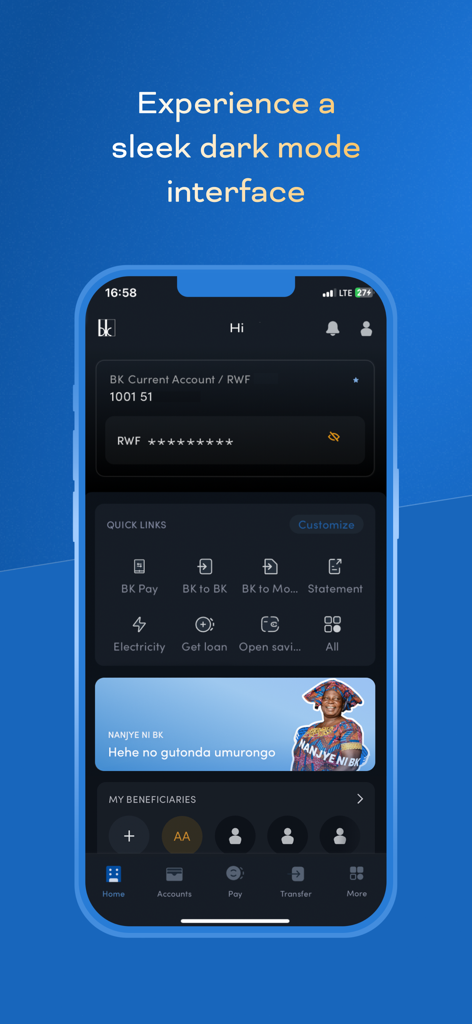 Bank of Kigali Mobile Banking - Bank of Kigali mobile banking app dashboard featuring a sleek dark mode interface with account balances and quick links