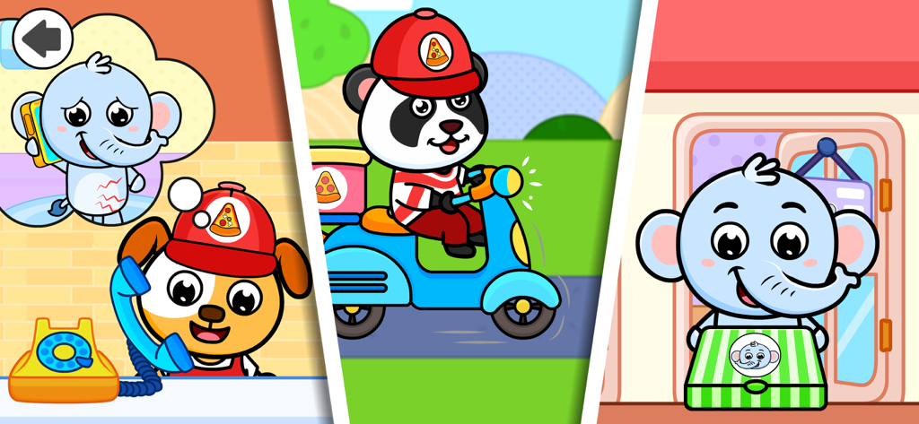 Pizza Maker Games for Kids 2-4 - ピザの注文を受け、スクーターで配達し、ピザの箱を受け取るアニメーションの動物キャラクター。
