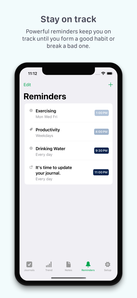 Pantalla de recordatorios de la aplicación Way of Life mostrando notificaciones programadas para hábitos como ejercicio y beber agua
