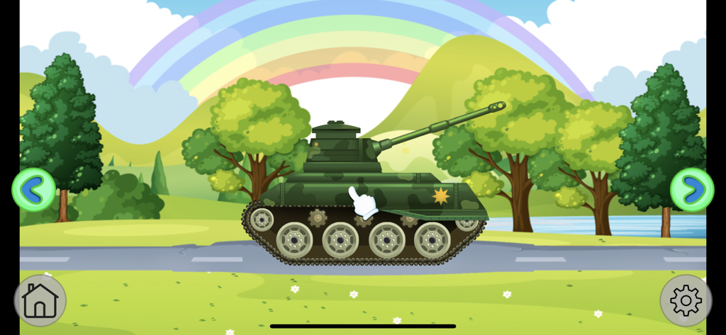 Car Wash Learning Unlocked - Tanque de desenho animado verde em uma estrada com um arco-íris e fundo de colinas verdes