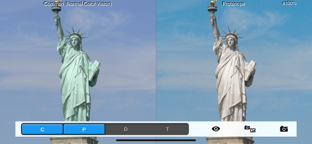 Chromatic Vision Simulator - Visão dividida comparando visão normal com simulação de deficiência de cor Protanope usando a Estátua da Liberdade